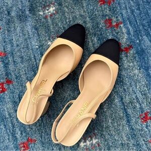 CHANEL Beige and Black Leather Slingback Heels